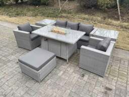 Rackhams Rattan Garden Furniture Set Gas Fire Pit Lounge Sofa Chair Dining Set With 2 Side Table And 2 PC Arm Chair Footstool - thumbnail 2
