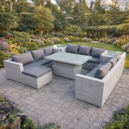 Rackhams 10 Seater Rattan Garden Furniture Set with Rising Table, 3 Sofas, 2 Side Tables & Footstool - Light Grey - thumbnail 1