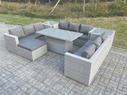 Rackhams 10 Seater Rattan Garden Furniture Set with Rising Table, 3 Sofas, 2 Side Tables & Footstool - Light Grey - thumbnail 2