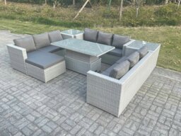 Rackhams 10 Seater Rattan Garden Furniture Set with Rising Table, 3 Sofas, 2 Side Tables & Footstool - Light Grey - thumbnail 4