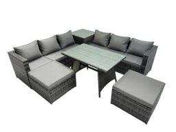 Rackhams Outdoor Corner Sofa Dining Table Set Garden Rattan Furniture Set 8 Seater with Side Table 2 Big Stools Dark Grey - thumbnail 1