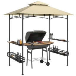 Rackhams 8' x 5' Grill Gazebo Canopy with 2 Side Shelves, Hook, Beige - thumbnail 3