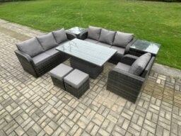 Rackhams PE Rattan Outdoor Dining Set - Height Adjustable Lifting Table, Reclining Chair & 2 Small Footstools - thumbnail 2