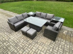 Rackhams PE Rattan Outdoor Dining Set - Height Adjustable Lifting Table, Reclining Chair & 2 Small Footstools - thumbnail 1