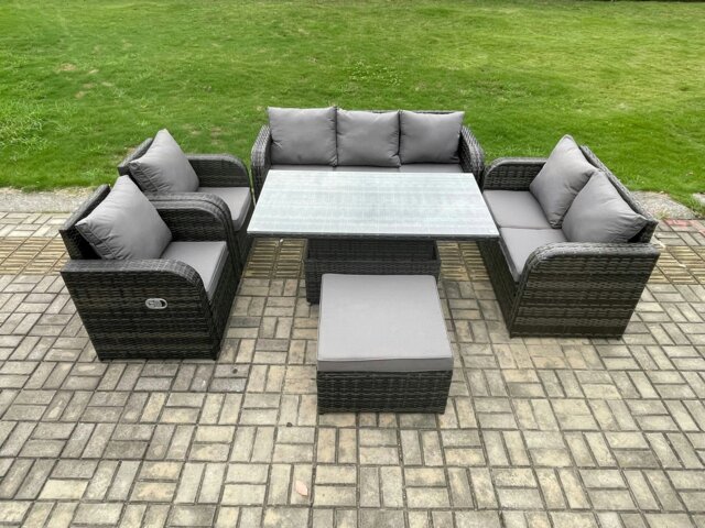 Rackhams Rattan Outdoor Garden Furniture Sets Height Adjustable Rising lifting Dining Table Reclining Chair Sofa Set with Big Footstool Dark Grey Mixed - image 1