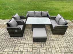 Rackhams Rattan Outdoor Garden Furniture Sets Height Adjustable Rising lifting Dining Table Reclining Chair Sofa Set with Big Footstool Dark Grey Mixed - thumbnail 1