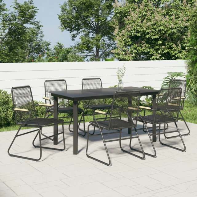 Rackhams 7 Piece Garden Dining Set Black PVC Rattan - PVC rattan, powder-coated steel, solid teak wood - Black