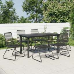 Rackhams 7 Piece Garden Dining Set Black PVC Rattan - PVC rattan, powder-coated steel, solid teak wood - Black