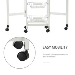 Rackhams Drop-Leaf Kitchen Trolley w/ 3 Baskets Drawer Surface Top 6 Wheels White - thumbnail 5