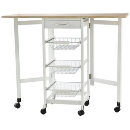 Rackhams Drop-Leaf Kitchen Trolley w/ 3 Baskets Drawer Surface Top 6 Wheels White - thumbnail 2