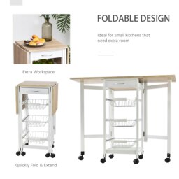 Rackhams Drop-Leaf Kitchen Trolley w/ 3 Baskets Drawer Surface Top 6 Wheels White - thumbnail 4