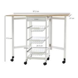 Rackhams Drop-Leaf Kitchen Trolley w/ 3 Baskets Drawer Surface Top 6 Wheels White - thumbnail 3