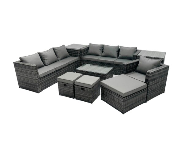 Rackhams Rattan Garden Furniture Dining Set 10 seater Patio Coffee Table Sofa Set with 3 Stools 2 Side Tables Dark Grey Mixed - image 1