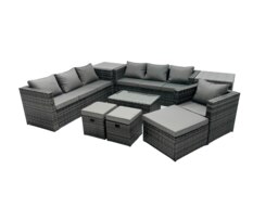 Rackhams Rattan Garden Furniture Dining Set 10 seater Patio Coffee Table Sofa Set with 3 Stools 2 Side Tables Dark Grey Mixed - thumbnail 1