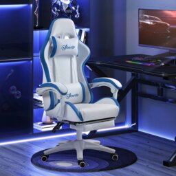 Rackhams Racing Style Gaming Chair with Reclining Function Footrest, Grey - Blue