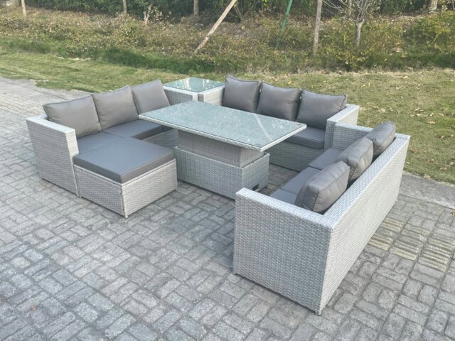 Rackhams Lounge Rattan Garden Furniture Set Adjustable Rising Lifting Table Dining Set With Side Coffee Tea Table Footstool - image 1