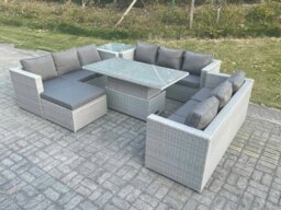 Rackhams Lounge Rattan Garden Furniture Set Adjustable Rising Lifting Table Dining Set With Side Coffee Tea Table Footstool - thumbnail 2