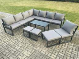 Rackhams Aluminium 11 Seater Patio Outdoor Garden Furniture Lounge Corner Sofa Set with Oblong Coffee Table 3 Footstools Dark Grey - thumbnail 1