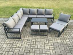 Rackhams Aluminium 11 Seater Patio Outdoor Garden Furniture Lounge Corner Sofa Set with Oblong Coffee Table 3 Footstools Dark Grey - thumbnail 2