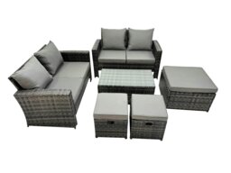Rackhams PE Rattan Garden Furniture Set Lounge Double Seat Sofa Coffee Table Set with 3 Stools Dark Grey MixedMixed - thumbnail 1