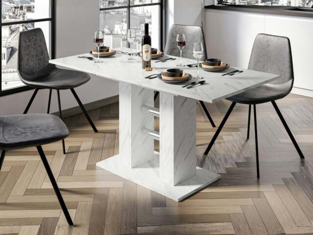 Rackhams Small Extendable Dining Table 100-140 cm WILD MINI White Bianco Marble Effect - image 1