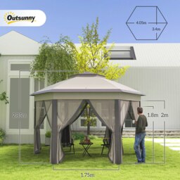Rackhams 3x4m Hexagon Gazebo w/ Mesh Curtains Outdoor Garden, Beige - Beige - thumbnail 6