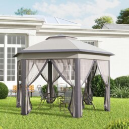 Rackhams 3x4m Hexagon Gazebo w/ Mesh Curtains Outdoor Garden, Beige - Beige - thumbnail 2