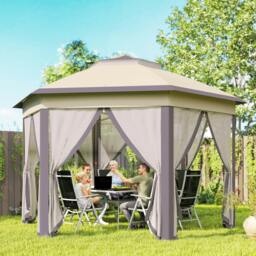 Rackhams 3x4m Hexagon Gazebo w/ Mesh Curtains Outdoor Garden, Beige - Beige - thumbnail 1