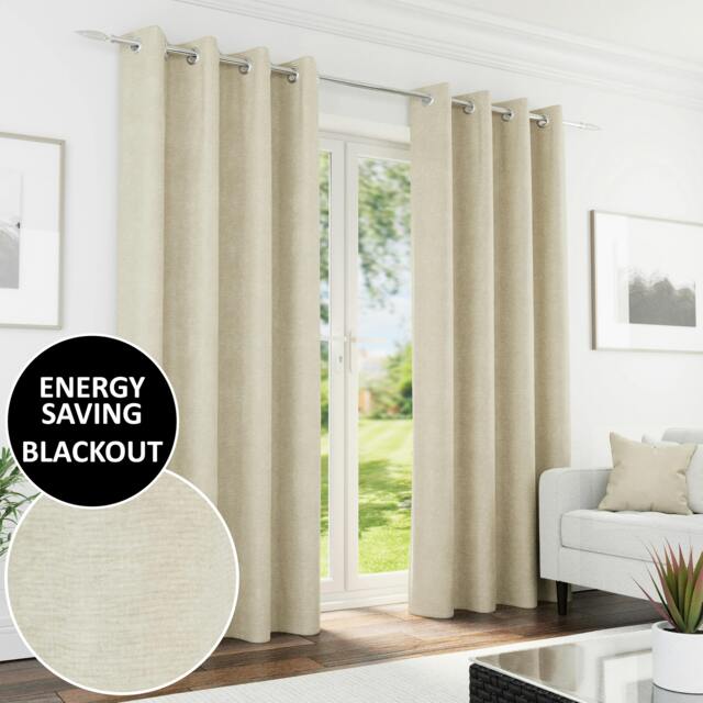 "Rackhams Knightsbridge 100% Blackout Chenille Thermal Eyelet Curtains for Living Room/Bedroom - Cream - 66"" (168cm) Width x 72"" (183cm) Drop" - image 1