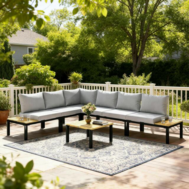 Rackhams Garden Furniture Set, 6 Piece Corner Sofa Set with Coffee Table - Steel, Polyester - Light Grey - 6-piece modular set - image 1