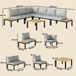 Rackhams Garden Furniture Set, 6 Piece Corner Sofa Set with Coffee Table - Steel, Polyester - Light Grey - 6-piece modular set - thumbnail 3