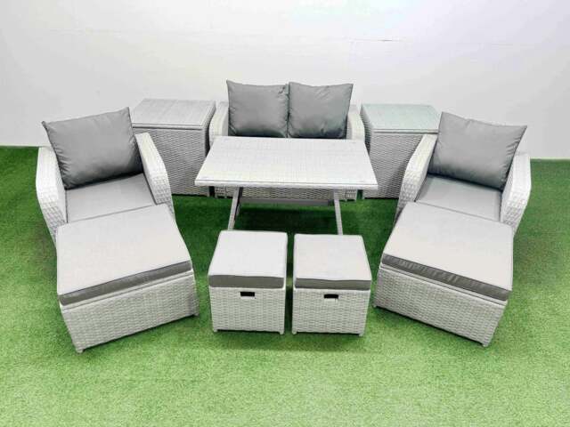 Rackhams Rattan Garden Furniture Dining Set 8 seater Patio Rectangular Table Sofa Set with 2 Side Tables 4 Stools Light Grey - image 1