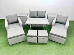 Rackhams Rattan Garden Furniture Dining Set 8 seater Patio Rectangular Table Sofa Set with 2 Side Tables 4 Stools Light Grey - thumbnail 1
