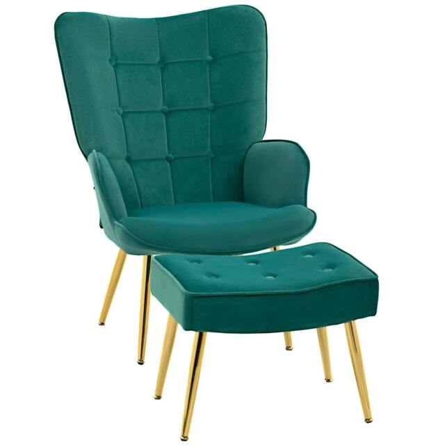 Rackhams Modern Armchair with Footstool, Upholstered Accent Chair with Ottoman, Steel Legs, Velvet Wingback Chair, Dark Green - image 1