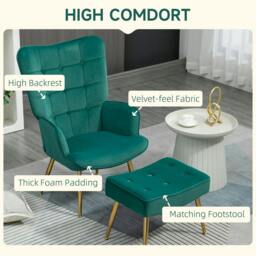 Rackhams Modern Armchair with Footstool, Upholstered Accent Chair with Ottoman, Steel Legs, Velvet Wingback Chair, Dark Green - thumbnail 4