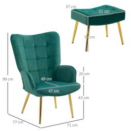 Rackhams Modern Armchair with Footstool, Upholstered Accent Chair with Ottoman, Steel Legs, Velvet Wingback Chair, Dark Green - thumbnail 3