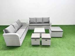 Rackhams Outdoor Garden Furniture Set 9 Seater Rattan Furniture Sofa Set with Square Coffee Table high Back Lounge Sofa 3 Stools Side Table Light Grey - thumbnail 1