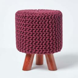 Rackhams Tall Cotton Knitted Footstool on Legs - Plum - thumbnail 1