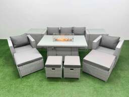 Rackhams 9 Seat PE Rattan Lounge Sofa Set Outdoor Garden Furniture Set with Fire Pit Dining Table 3 Seater Sofa 4 Footstools 2 Side Tables Light Grey - thumbnail 1