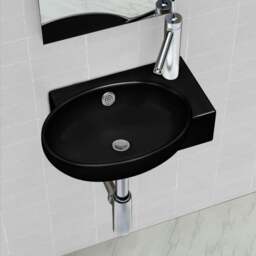 Rackhams Ceramic Bathroom Sink Basin Faucet/Overflow Hole Black Round - thumbnail 1