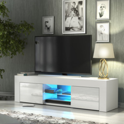 Rackhams Striking 130cm TV Unit & Cabinet White High Gloss Doors Free LED Lights - 130 cm - MDF/Chipboard - White Matt Body & White Gloss Doors - thumbnail 2