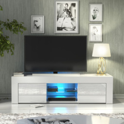 Rackhams Striking 130cm TV Unit & Cabinet White High Gloss Doors Free LED Lights - 130 cm - MDF/Chipboard - White Matt Body & White Gloss Doors - thumbnail 3