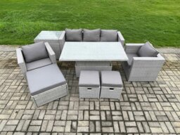 Rackhams Outdoor Rattan Garden Funiture Set Height Adjustable Rising Lifting Table Sofa Dining Set with 2 Armchairs Side Table Footstools - thumbnail 1