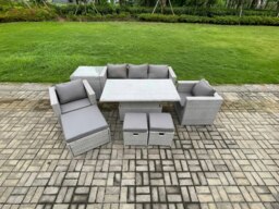 Rackhams Outdoor Rattan Garden Funiture Set Height Adjustable Rising Lifting Table Sofa Dining Set with 2 Armchairs Side Table Footstools - thumbnail 2