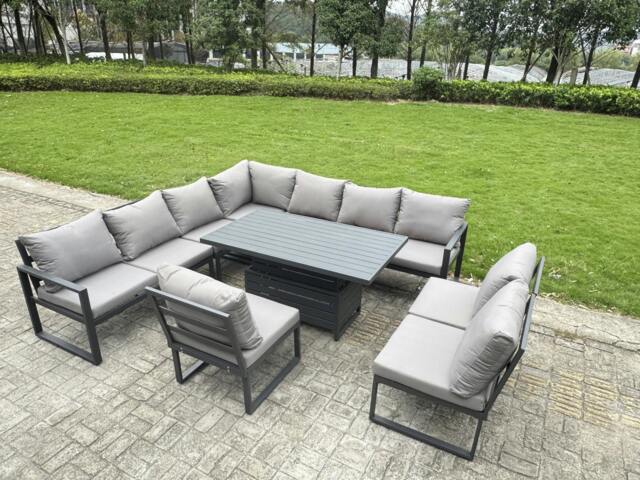 Rackhams 9 Seater Aluminium Garden Furniture Set with Adjustable Rising Dining Table & Corner Sofa - Grey