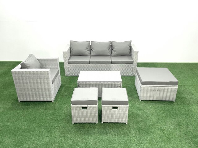 Rackhams Rattan Garden Furniture Set with 3 Seater Sofa Chair Rectangular Coffee Table 3 Footstools Light Grey Mixed 6 Seater - image 1