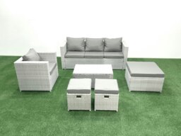 Rackhams Rattan Garden Furniture Set with 3 Seater Sofa Chair Rectangular Coffee Table 3 Footstools Light Grey Mixed 6 Seater - thumbnail 2