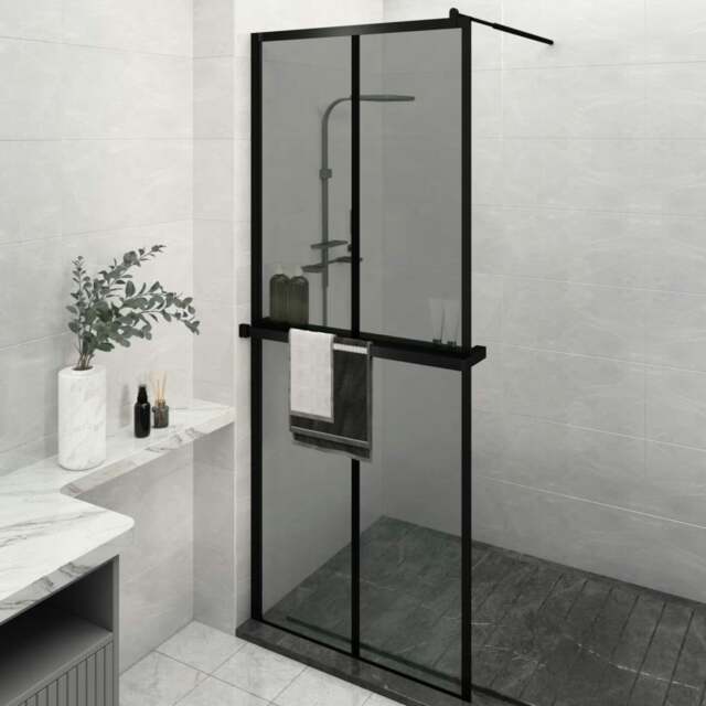 Rackhams Walk-in Shower Wall with Shelf Black 80x195cm ESG Glass&Aluminium