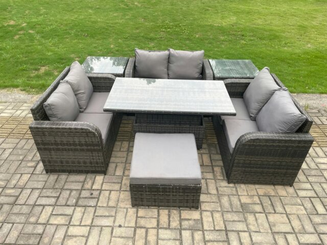 Rackhams Rattan Garden Outdoor Furniture 3 PC Love Sofa Set Patio Adjustable Rising lifting Dining Table With 2 Side Tables Big Footstool - image 1
