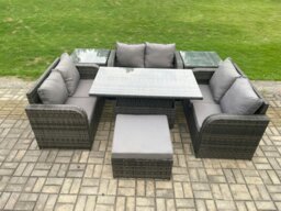 Rackhams Rattan Garden Outdoor Furniture 3 PC Love Sofa Set Patio Adjustable Rising lifting Dining Table With 2 Side Tables Big Footstool - thumbnail 1